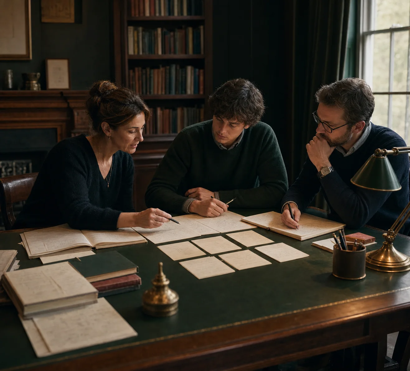 Three tutors planning the syllabus sequence and worked examples for a set of notes.