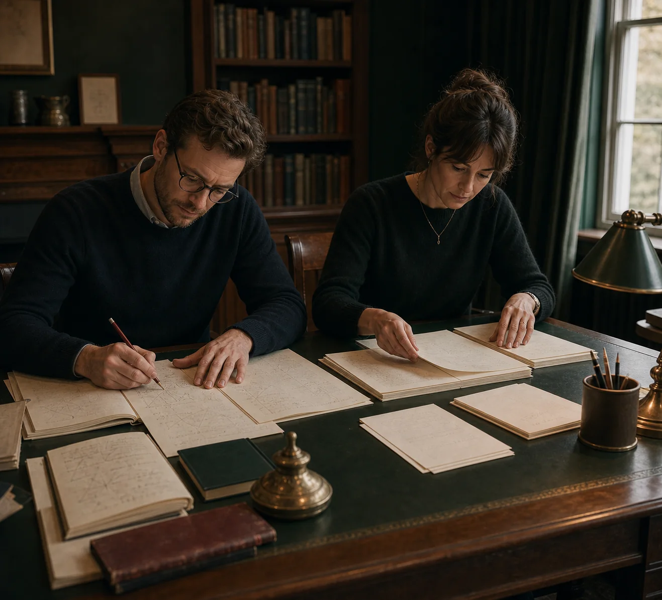 Two academic reviewers checking and arranging a completed set of mathematics notes.